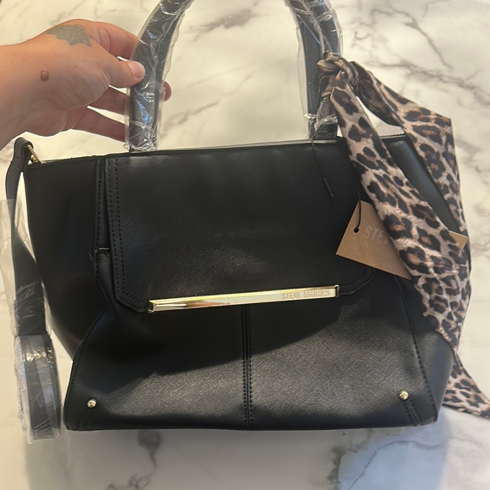 Steve Madden Black Satchel with Leopard Accent